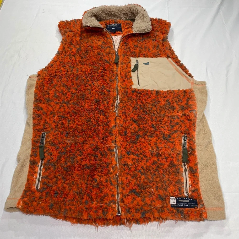 Southern Marsh Mens Sherpa Fleece Vest Orange Gray Full Zip Medium Pockets‎